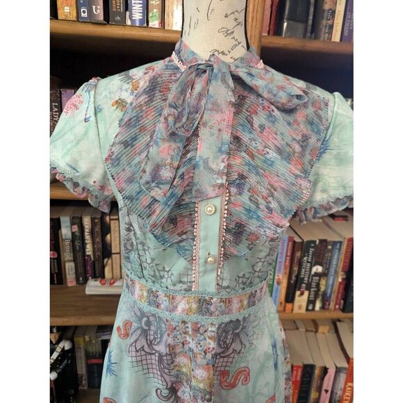 DALIA MACPHEE Printed A Line Dress M Green Jade Pleated Frill Bow Neck D725 - Picture 3 of 8